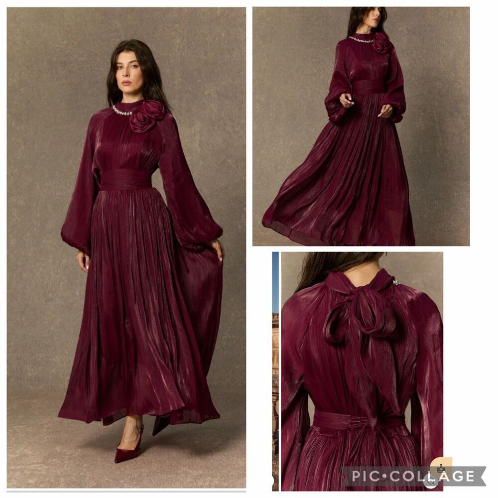 Sunfere Burgundy organza iridescent embellished Collared Pleated Maxi Dress